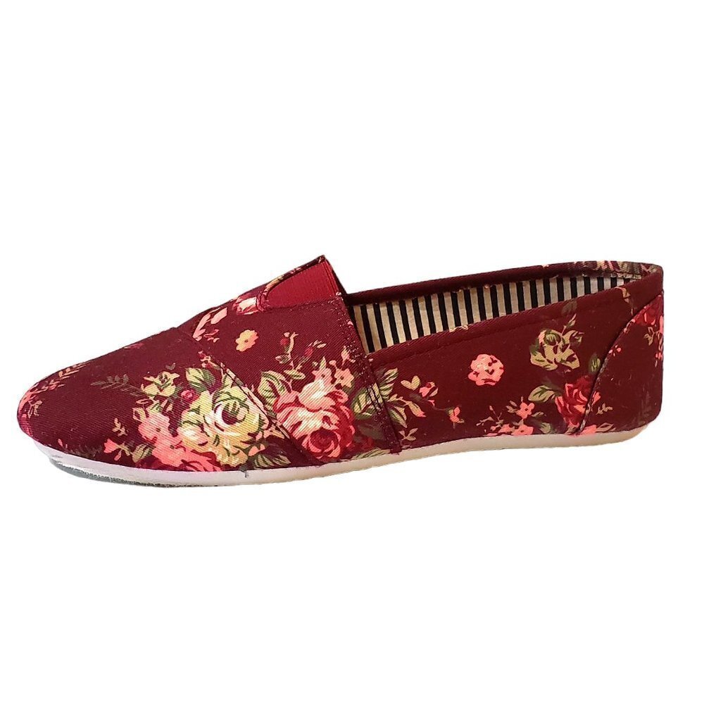 Used Women’s Shoes Denim Flats Red Floral Slip-Ons Canvas Size 9